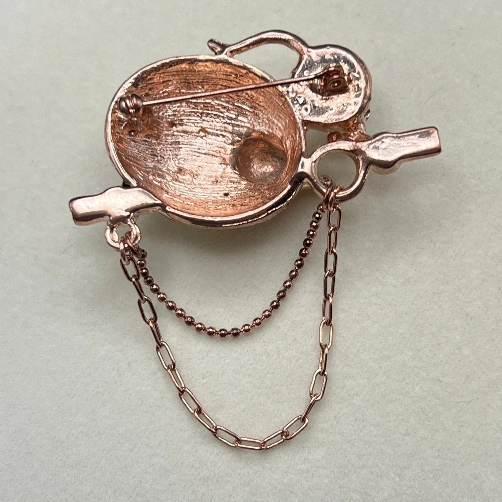 Rhinestone Mouse with Baby Brooch Rose Gold Clear Black Enamel Green Eyes Pin